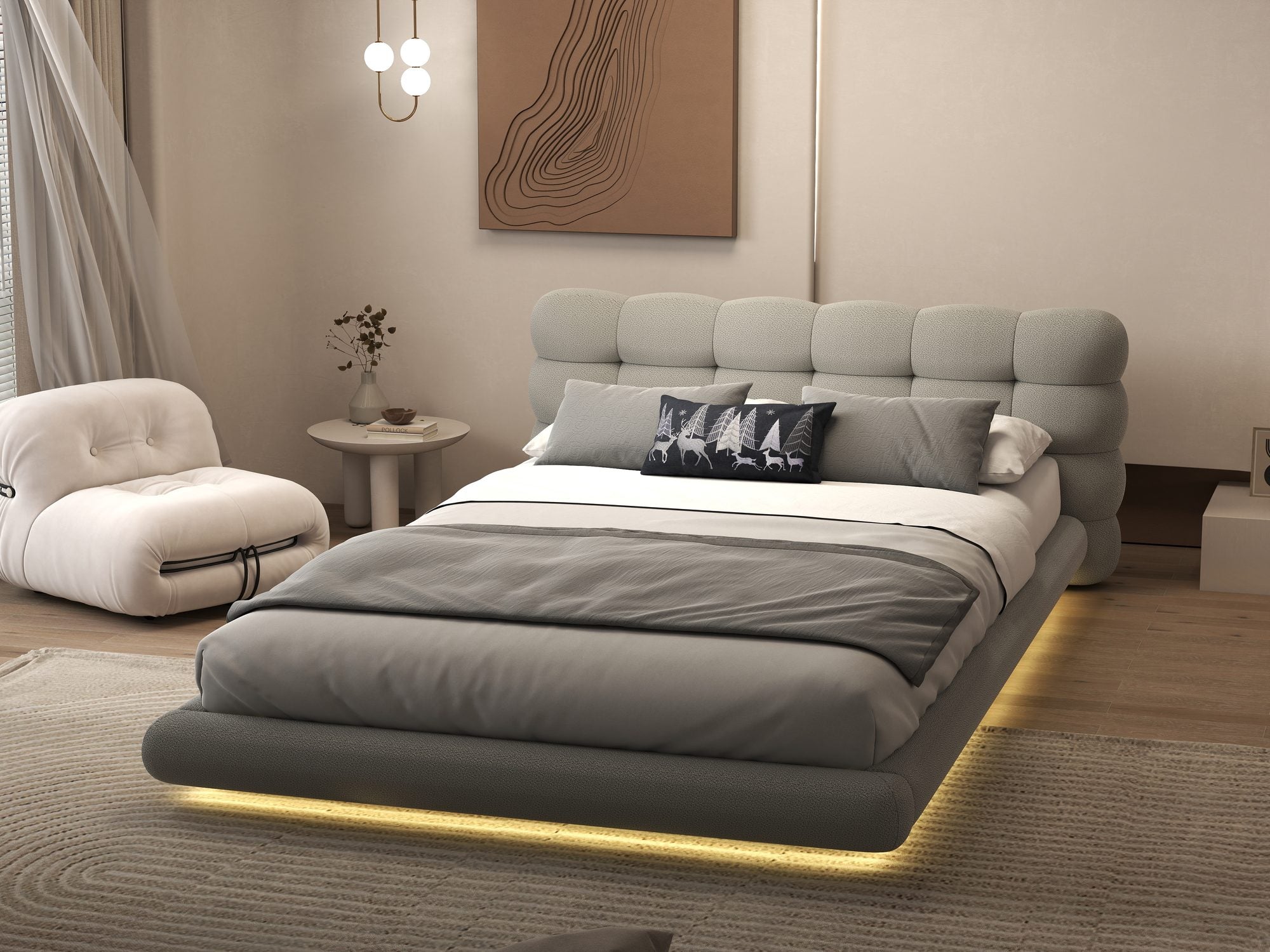 Pat dormitor dumonde, tapitat gri cu LED "floating bed" Cloud 160x200 cm, somiera inclusa