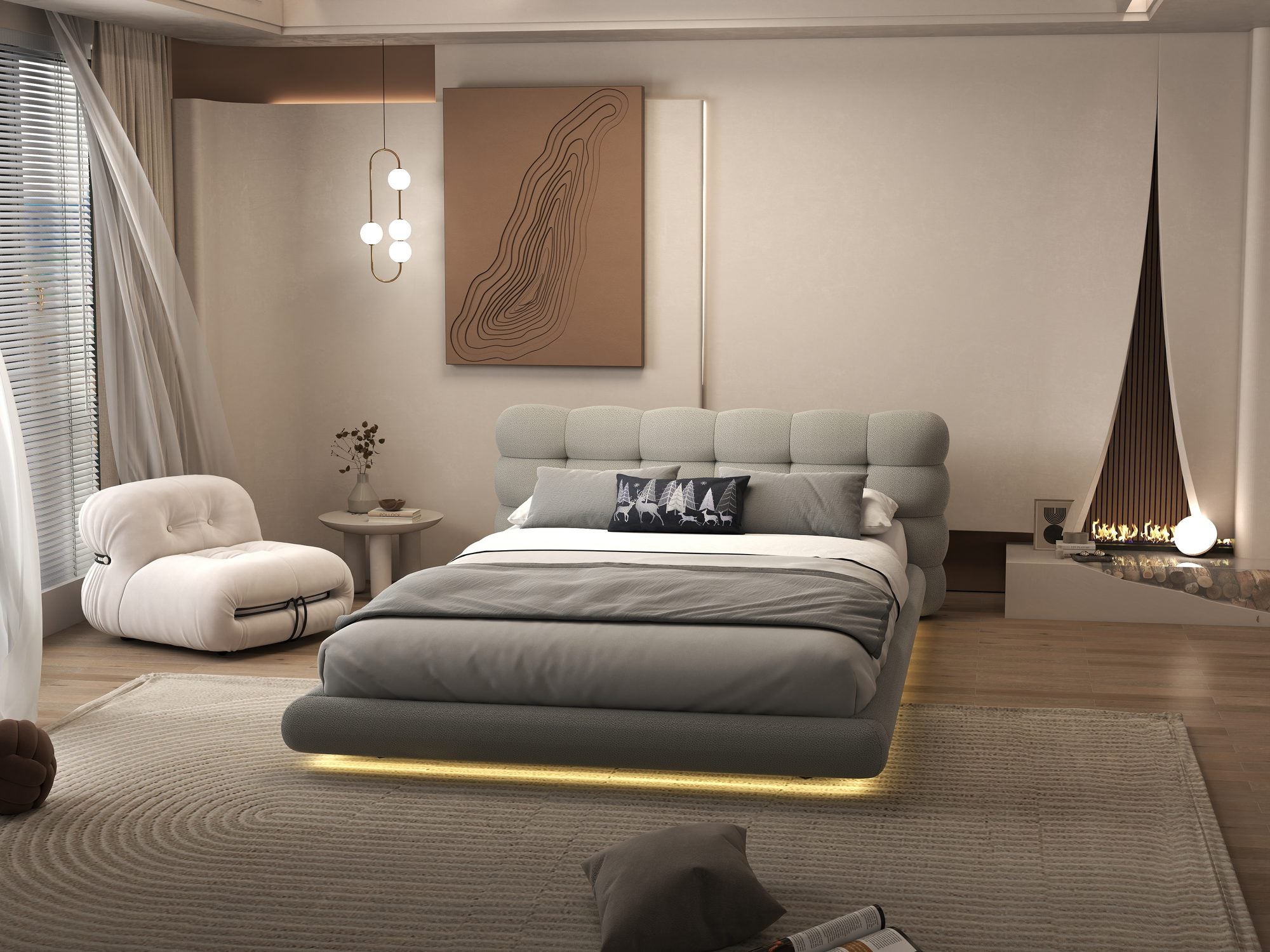 Pat dormitor dumonde, tapitat gri cu LED "floating bed" Cloud 160x200 cm, somiera inclusa