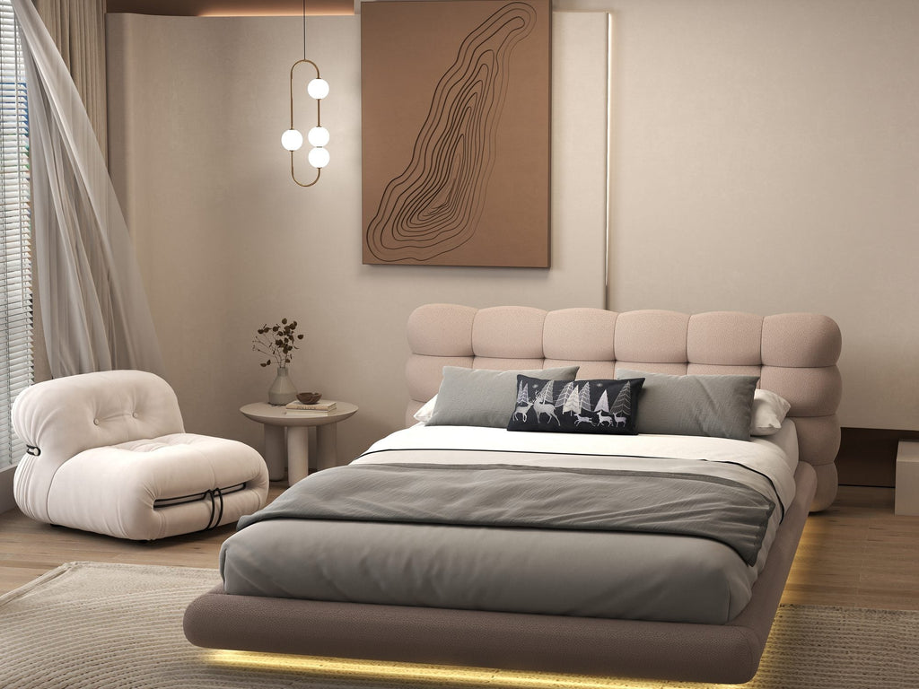 Pat dormitor dumonde, tapitat roz cu LED "floating bed" Cloud 180x200 cm, somiera inclusa