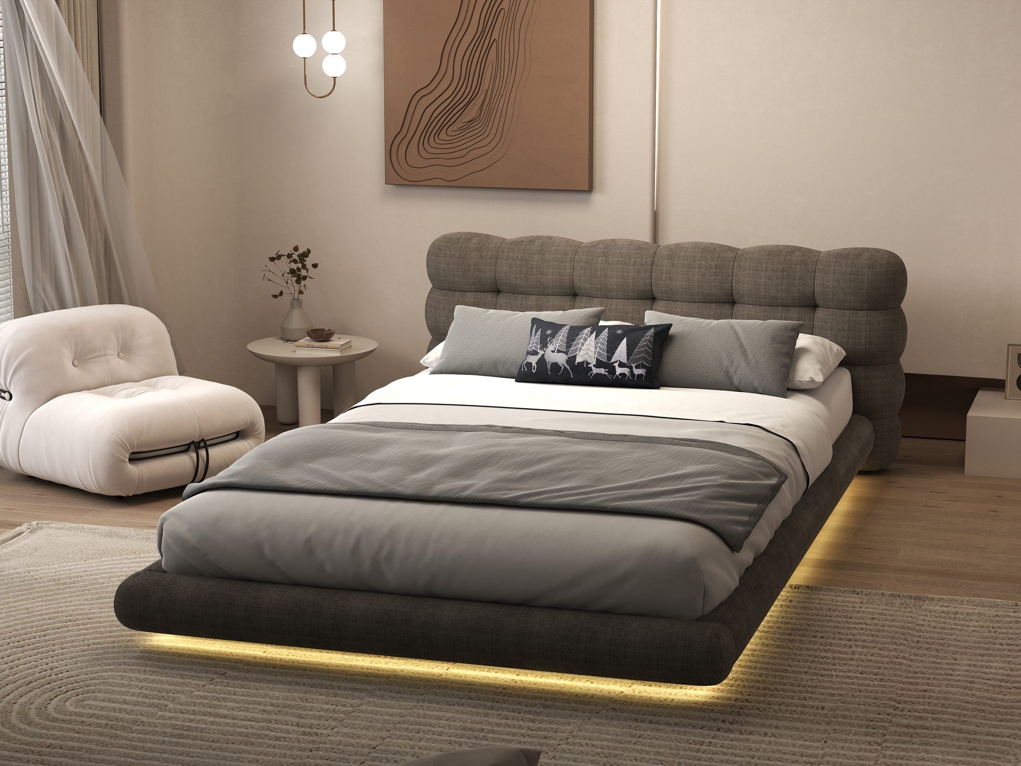 Pat dormitor dumonde, tapitat maro cu LED "floating bed" Cloud 180x200 cm, somiera inclusa