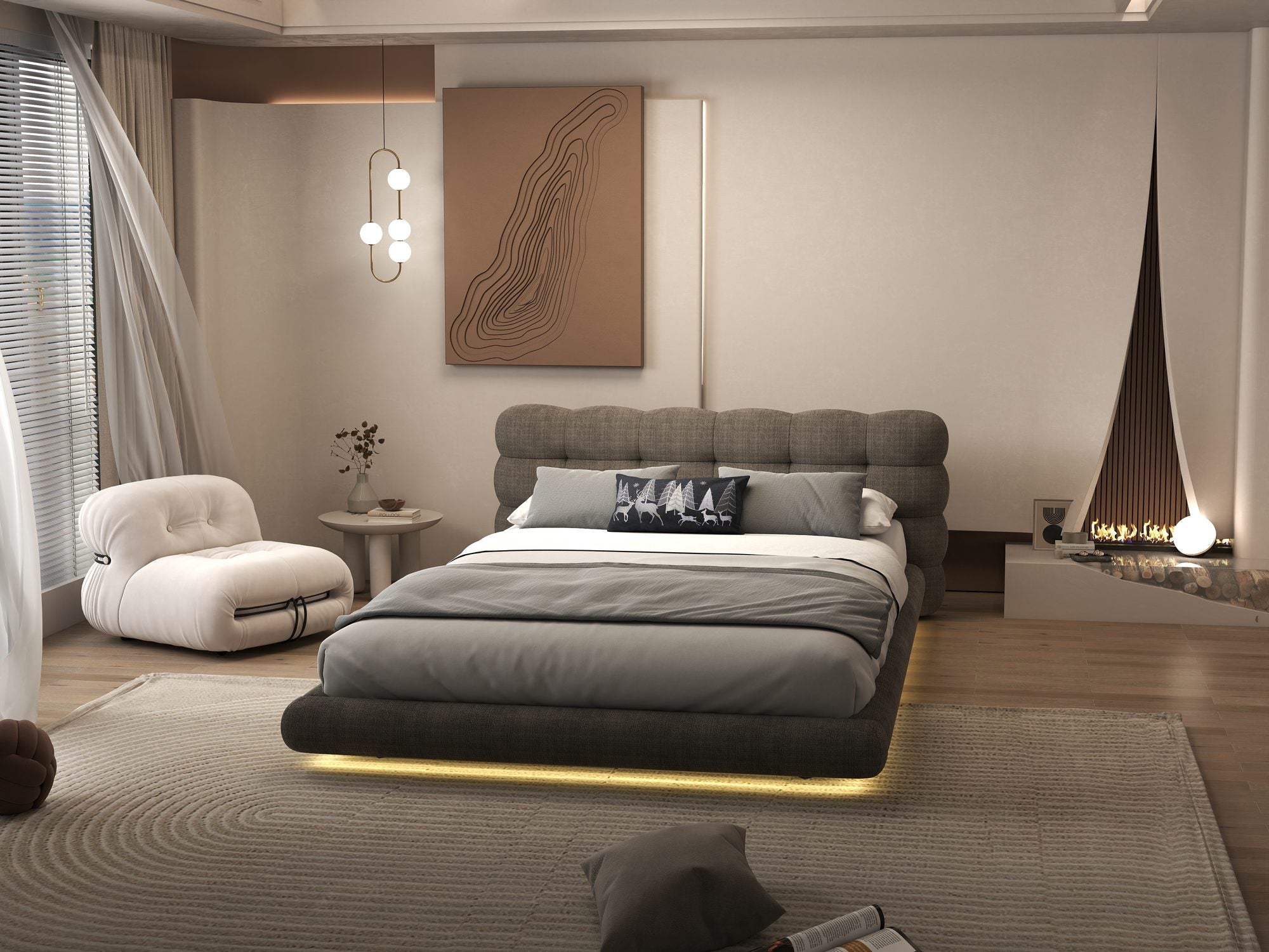 Pat dormitor dumonde, tapitat maro cu LED "floating bed" Cloud 180x200 cm, somiera inclusa