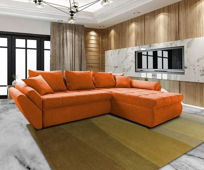 Colțar extensibil dumonde cu ladă de depozitare si sezut confortabil din spuma high-density, Loana Enjoy Orange II 270x185 cm