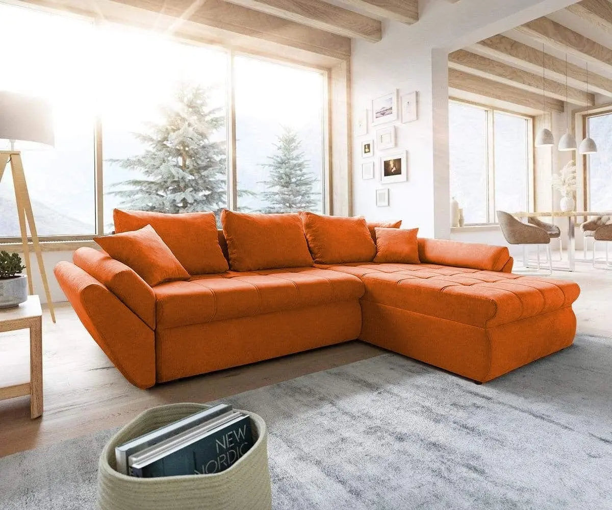 Colțar extensibil dumonde cu ladă de depozitare si sezut confortabil din spuma high-density, Loana Enjoy Orange II 270x185 cm