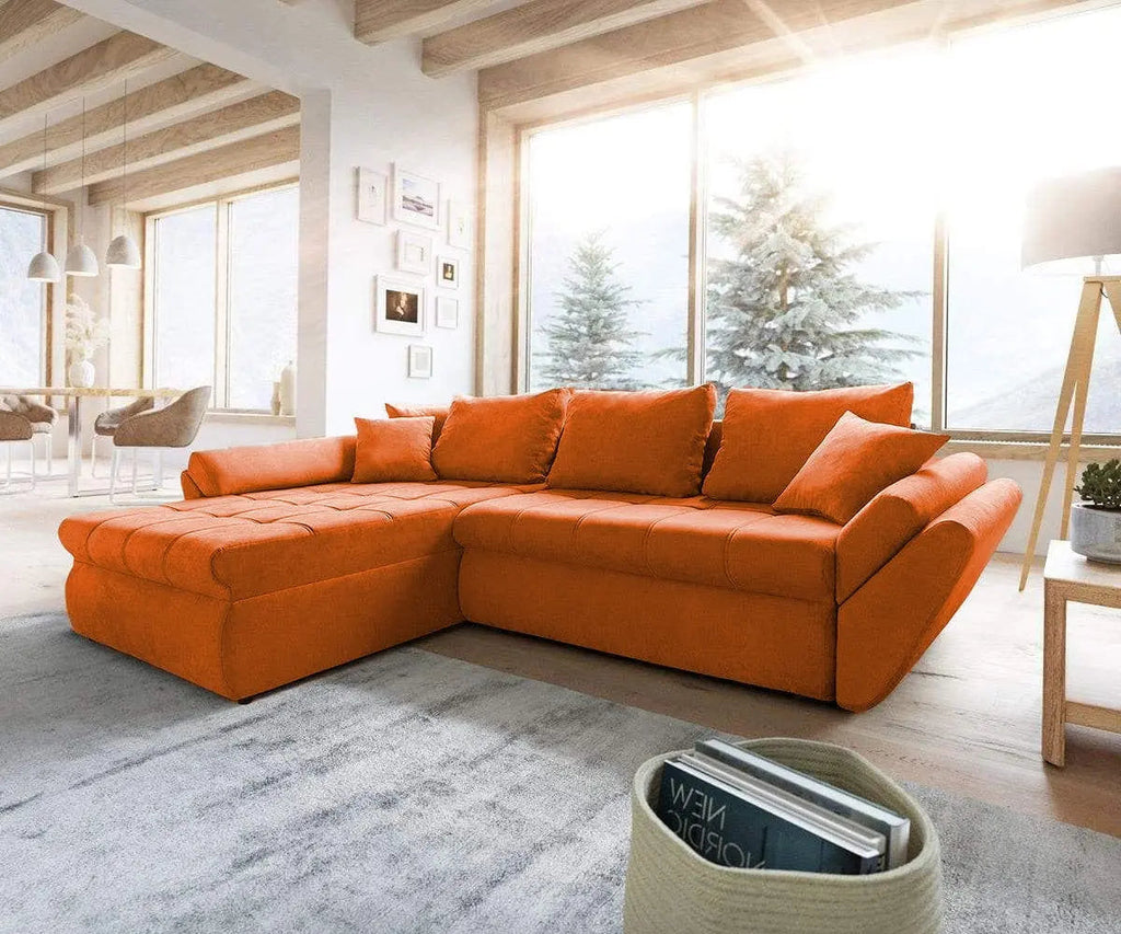 Colțar extensibil dumonde ladă de depozitare si sezut confortabil din spuma high-density, Loana Enjoy Orange 270x185 cm