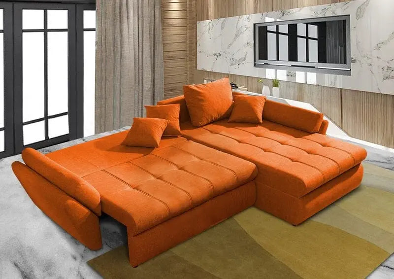 Colțar extensibil dumonde cu ladă de depozitare si sezut confortabil din spuma high-density, Loana Enjoy Orange II 270x185 cm