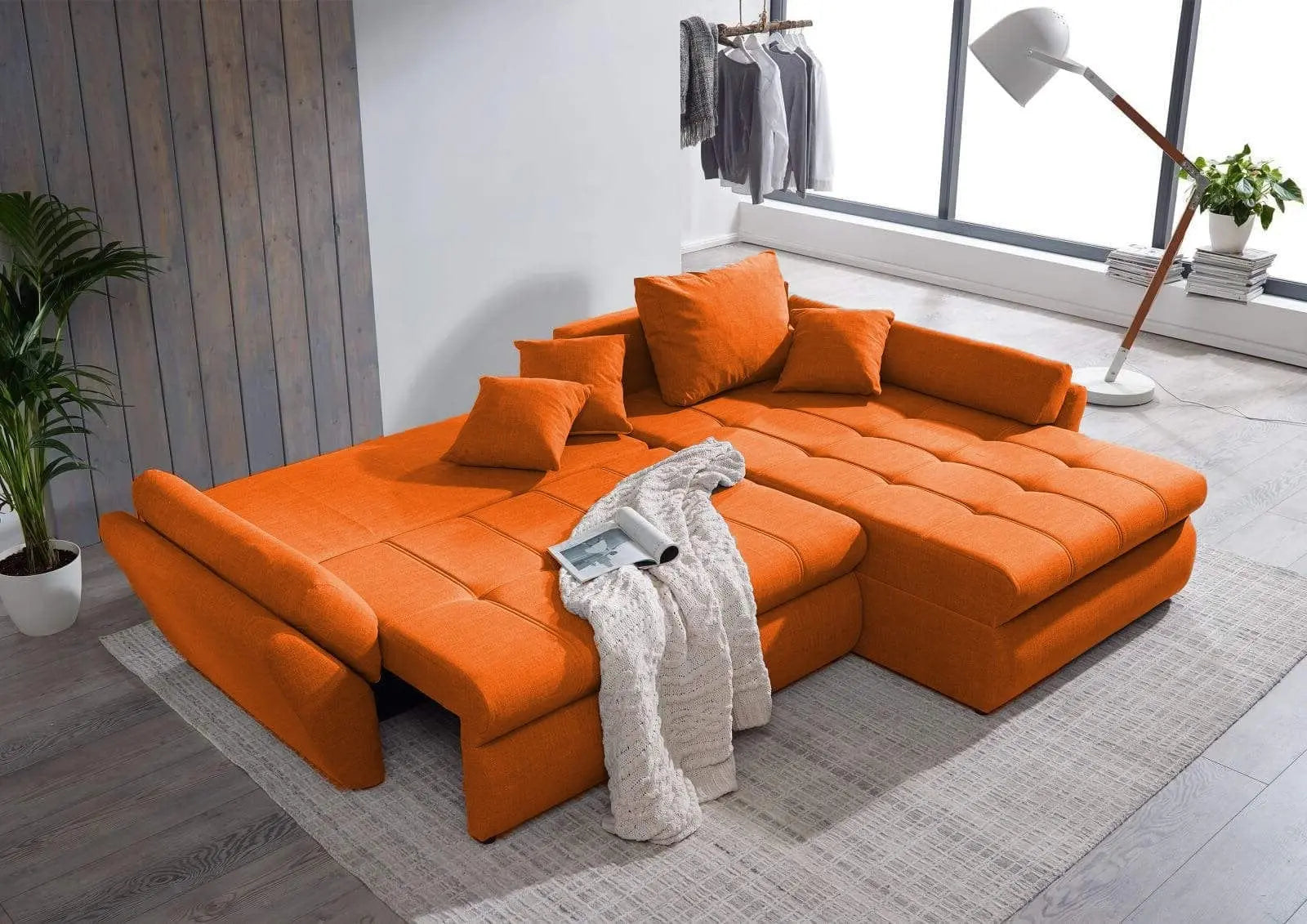 Colțar extensibil dumonde cu ladă de depozitare si sezut confortabil din spuma high-density, Loana Enjoy Orange II 270x185 cm