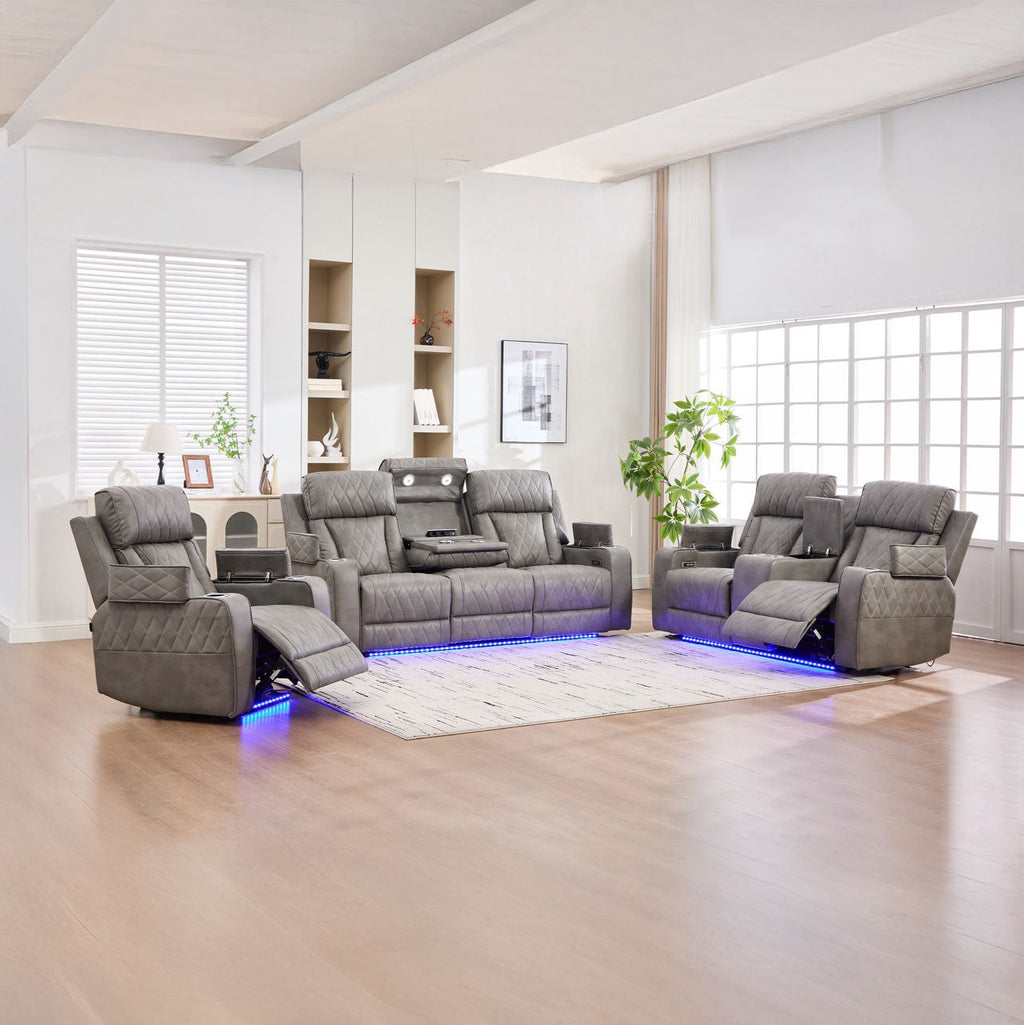 Set canapele dumonde 3+2+1, reclinere electrice, incarcare wireless, USB-C, suport pahare incalzite, lumini LED Selvar