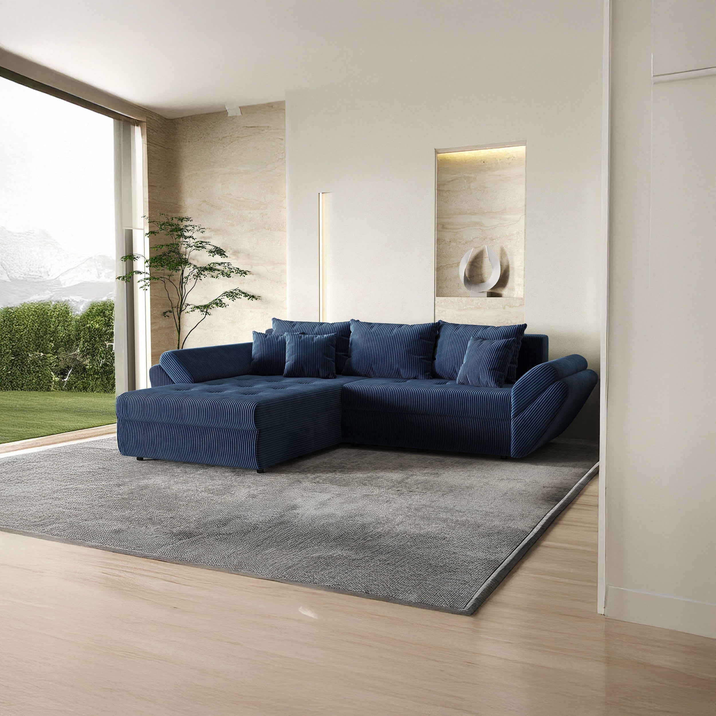 Colțar extensibil dumonde cu ladă de depozitare si sezut confortabil din spuma high-density, Loana Zoom Blue 270x185 cm