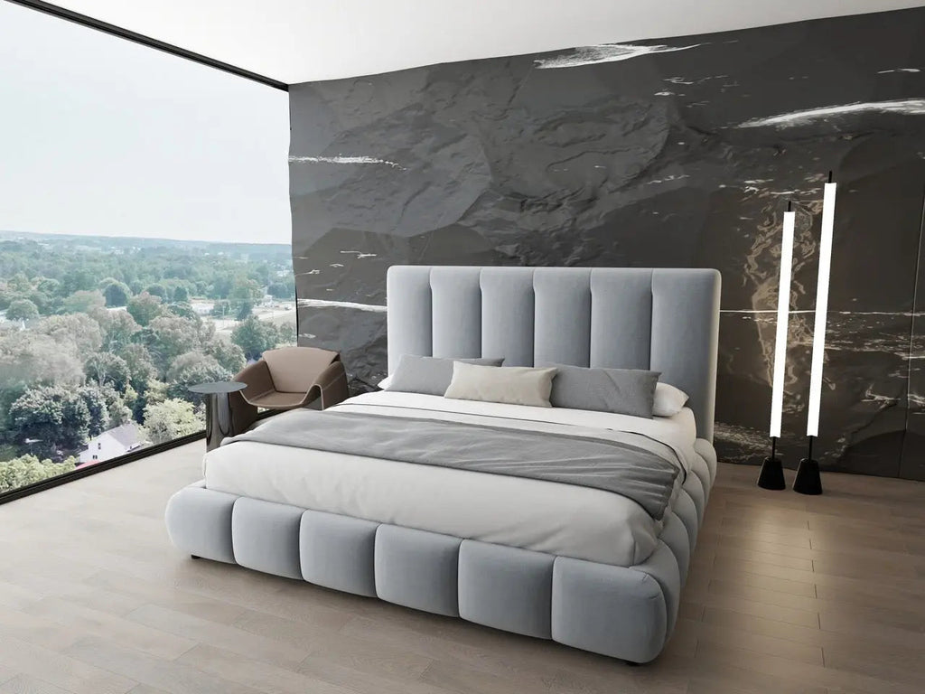 Pat dormitor dumonde, tapitat gri, Divaneo 180x200 cm, somiera rabatabila inclusa, spatiu depozitare