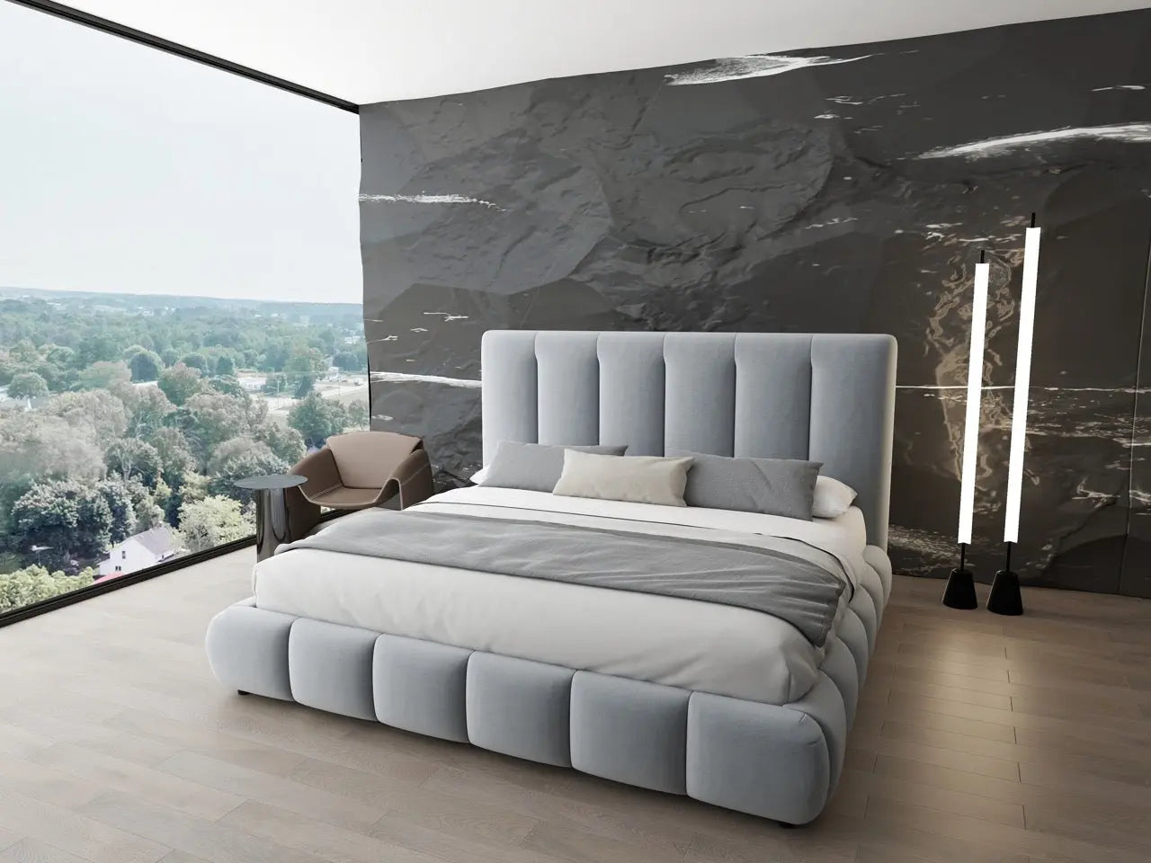 Pat dormitor dumonde, tapitat gri, Divaneo 180x200 cm, somiera rabatabila inclusa, spatiu depozitare