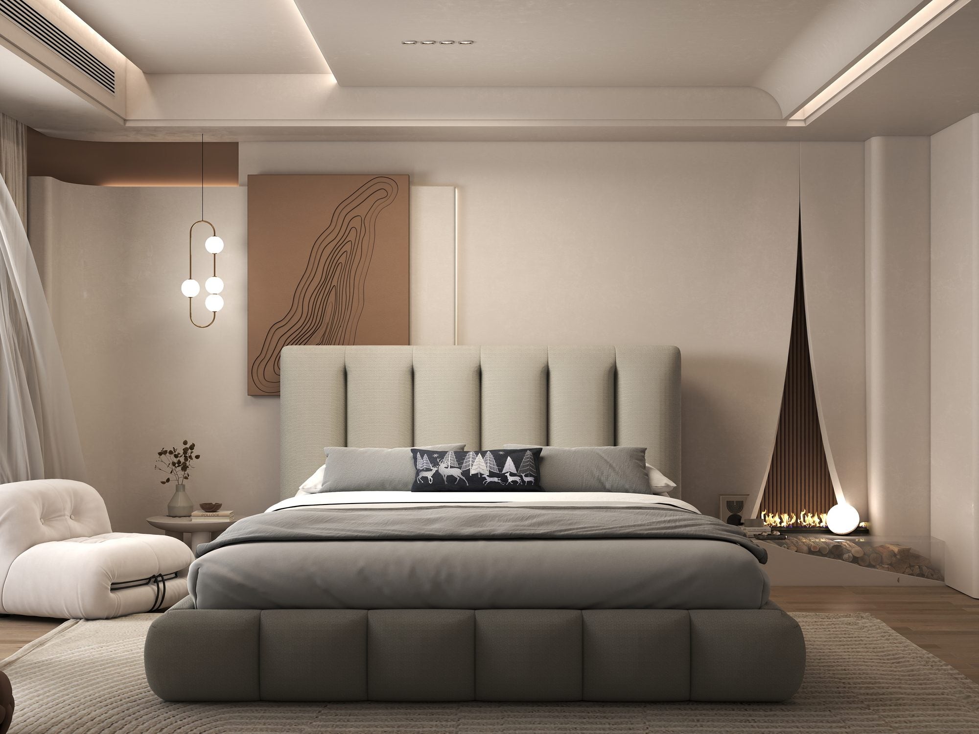 Pat dormitor dumonde, tapitat bej, Divaneo 160x200 cm, somiera rabatabila inclusa, spatiu depozitare