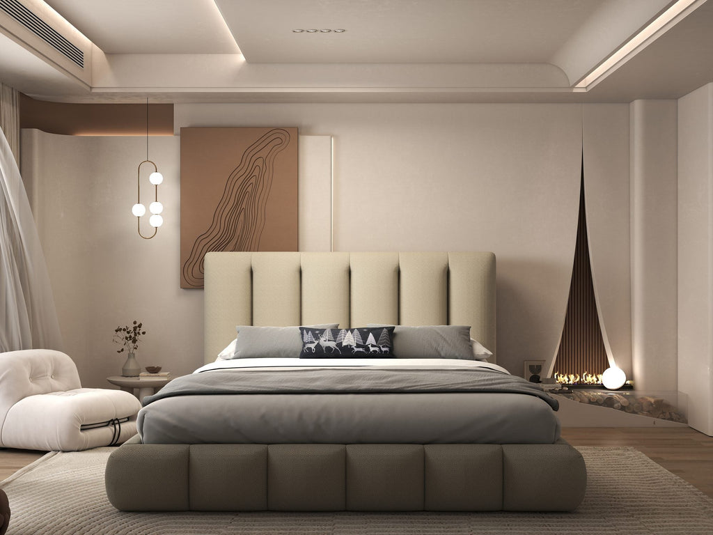 Pat dormitor dumonde, tapitat bej, Divaneo 180x200 cm, somiera rabatabila inclusa, spatiu depozitare