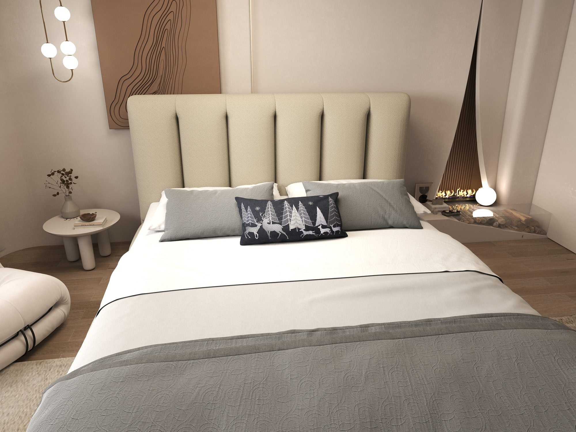 Pat dormitor dumonde, tapitat bej, Divaneo 180x200 cm, somiera rabatabila inclusa, spatiu depozitare