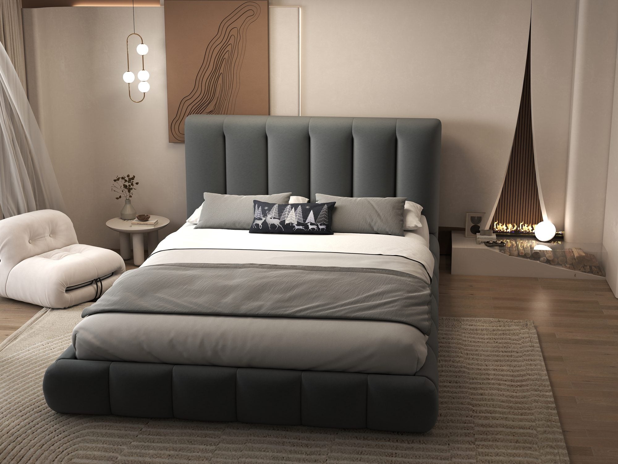 Pat dormitor dumonde, tapitat gri, Divaneo 180x200 cm, somiera rabatabila inclusa, spatiu depozitare