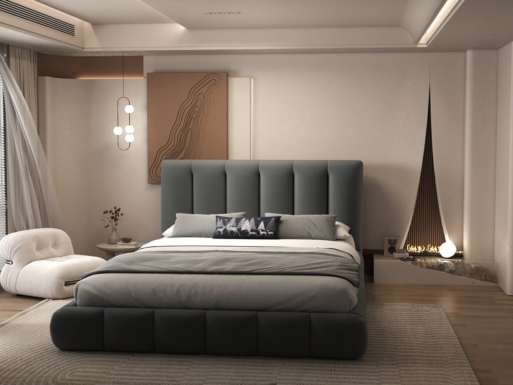 Pat dormitor dumonde, tapitat gri, Divaneo 180x200 cm, somiera rabatabila inclusa, spatiu depozitare