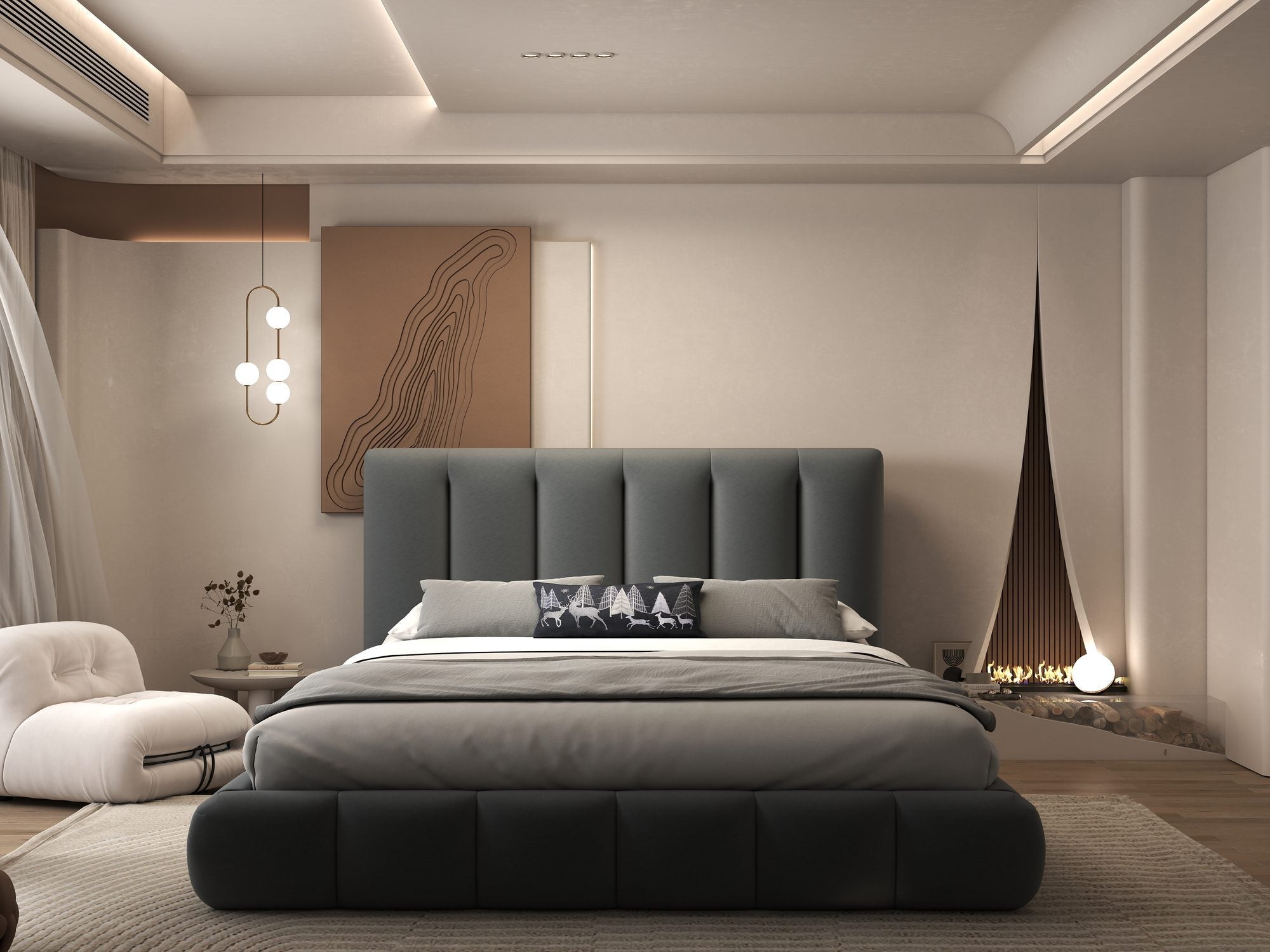 Pat dormitor dumonde, tapitat gri, Divaneo 180x200 cm, somiera rabatabila inclusa, spatiu depozitare