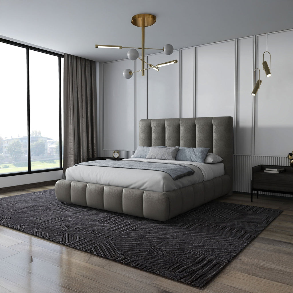 Pat dormitor dumonde, tapitat bej, Divaneo 140x200 cm, somiera rabatabila inclusa, spatiu depozitare