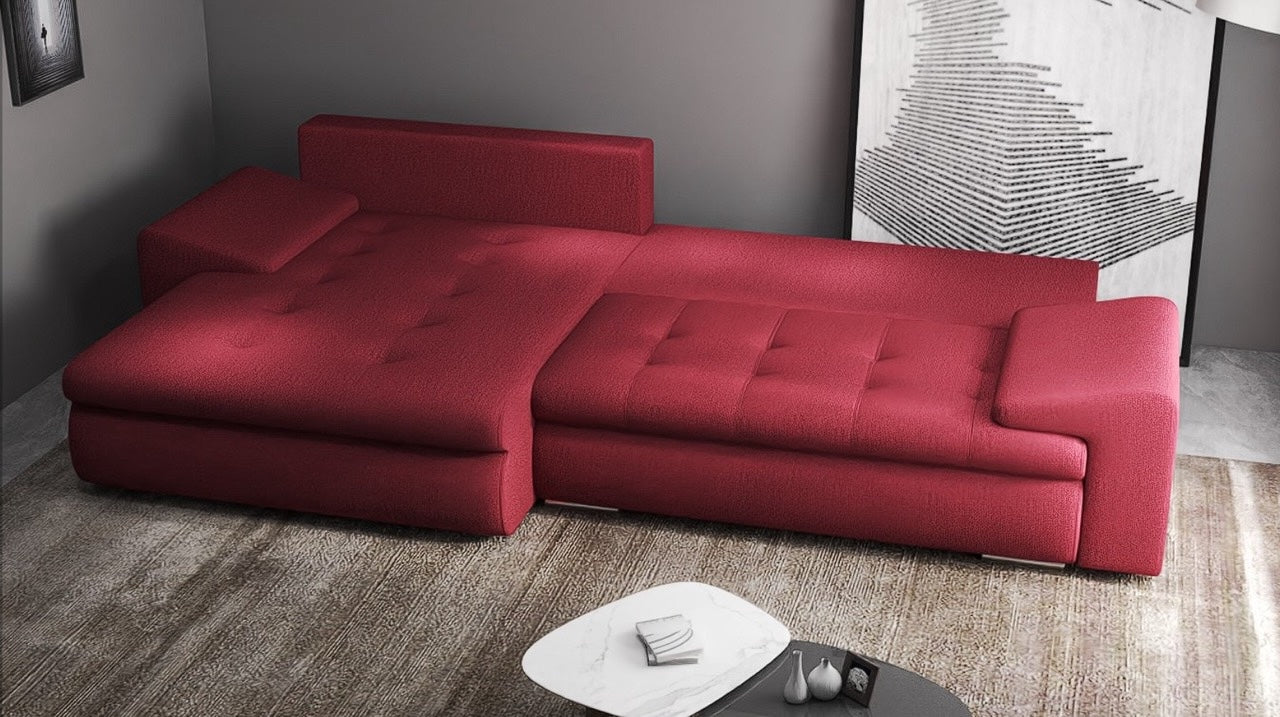 Colțar extensibil dumonde cu ladă de depozitare si sezut confortabil din spuma high-density, Leonardo Enjoy Rosu 260x185 cm