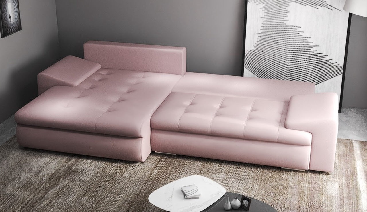 Colțar extensibil dumonde cu ladă de depozitare si sezut confortabil din spuma high-density, Leonardo Enjoy Roz 260x185 cm