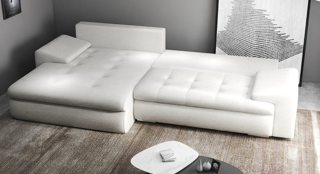 Colțar extensibil dumonde cu ladă de depozitare si sezut confortabil din spuma high-density, Leonardo Euphoria Ivory 260x185 cm