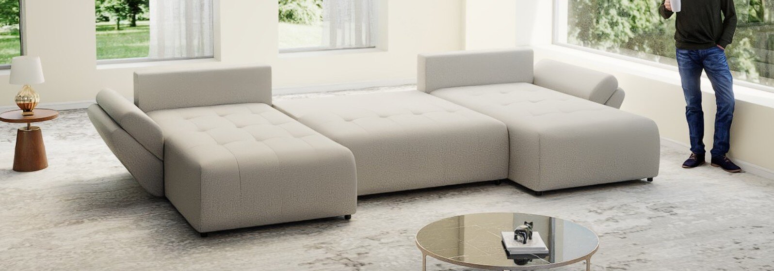 Colțar extensibil dumonde cu ladă de depozitare si sezut confortabil din spuma high-density, Berlin U Enjoy Bej 380x180 cm