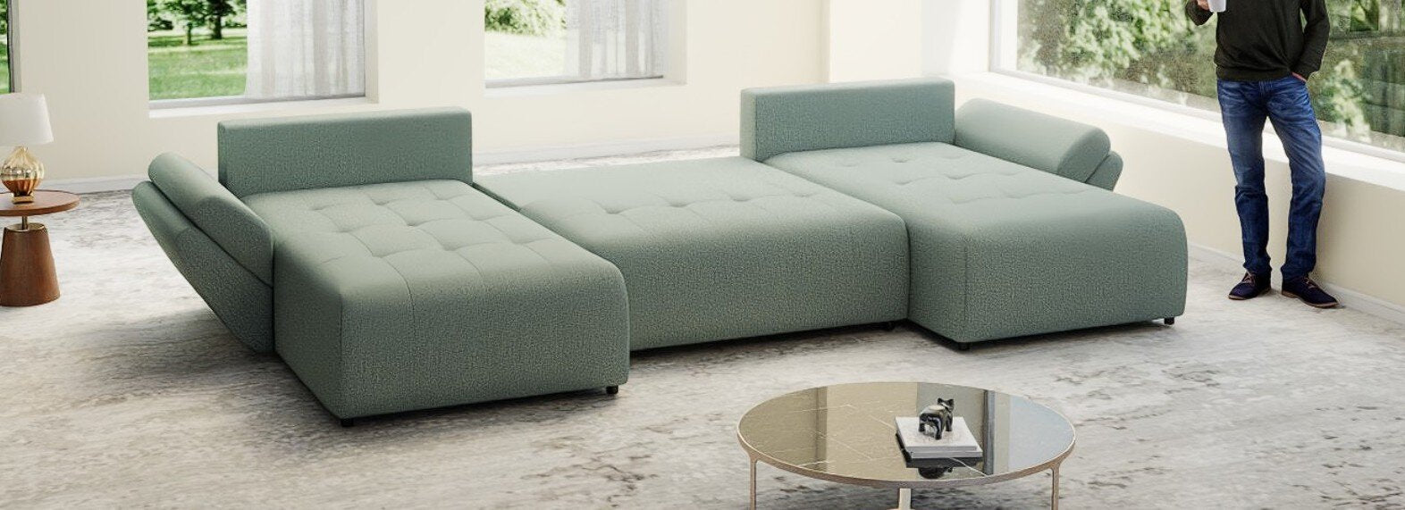 Colțar extensibil dumonde cu ladă de depozitare si sezut confortabil din spuma high-density, Berlin U Enjoy Mint 380x180 cm