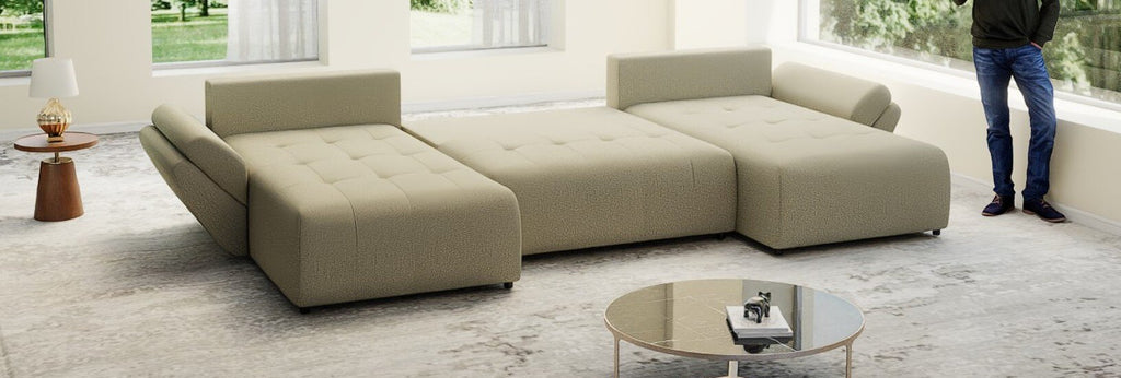 Colțar extensibil dumonde cu ladă de depozitare si sezut confortabil din spuma high-density, Berlin U Enjoy Camel 380x180 cm