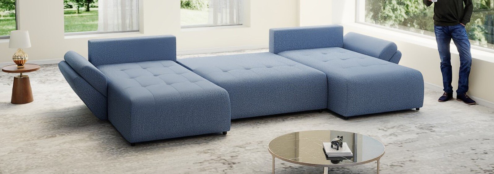 Colțar extensibil dumonde cu ladă de depozitare si sezut confortabil din spuma high-density, Berlin U Enjoy Blue 380x180 cm