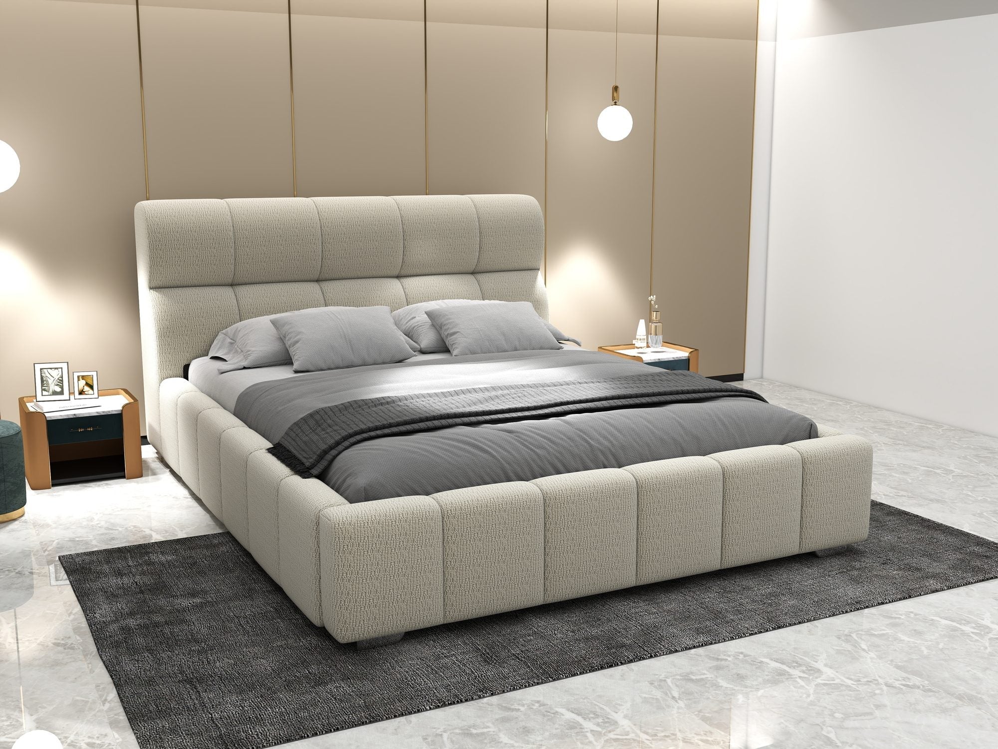 Pat dormitor dumonde, tapitat bej, Elaris 160x200 cm, somiera rabatabila inclusa, spatiu depozitare