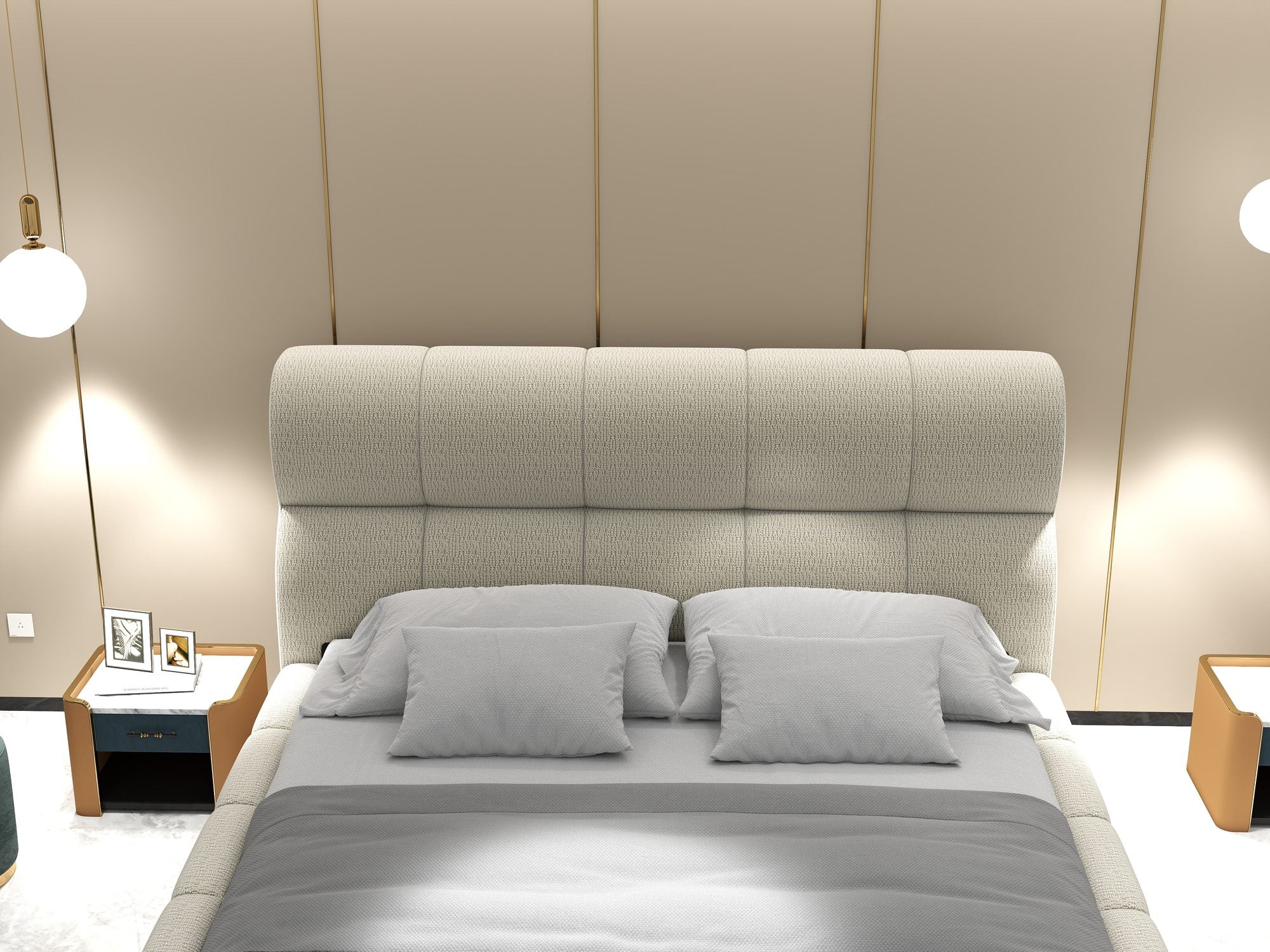 Pat dormitor dumonde, tapitat bej, Elaris 160x200 cm, somiera rabatabila inclusa, spatiu depozitare