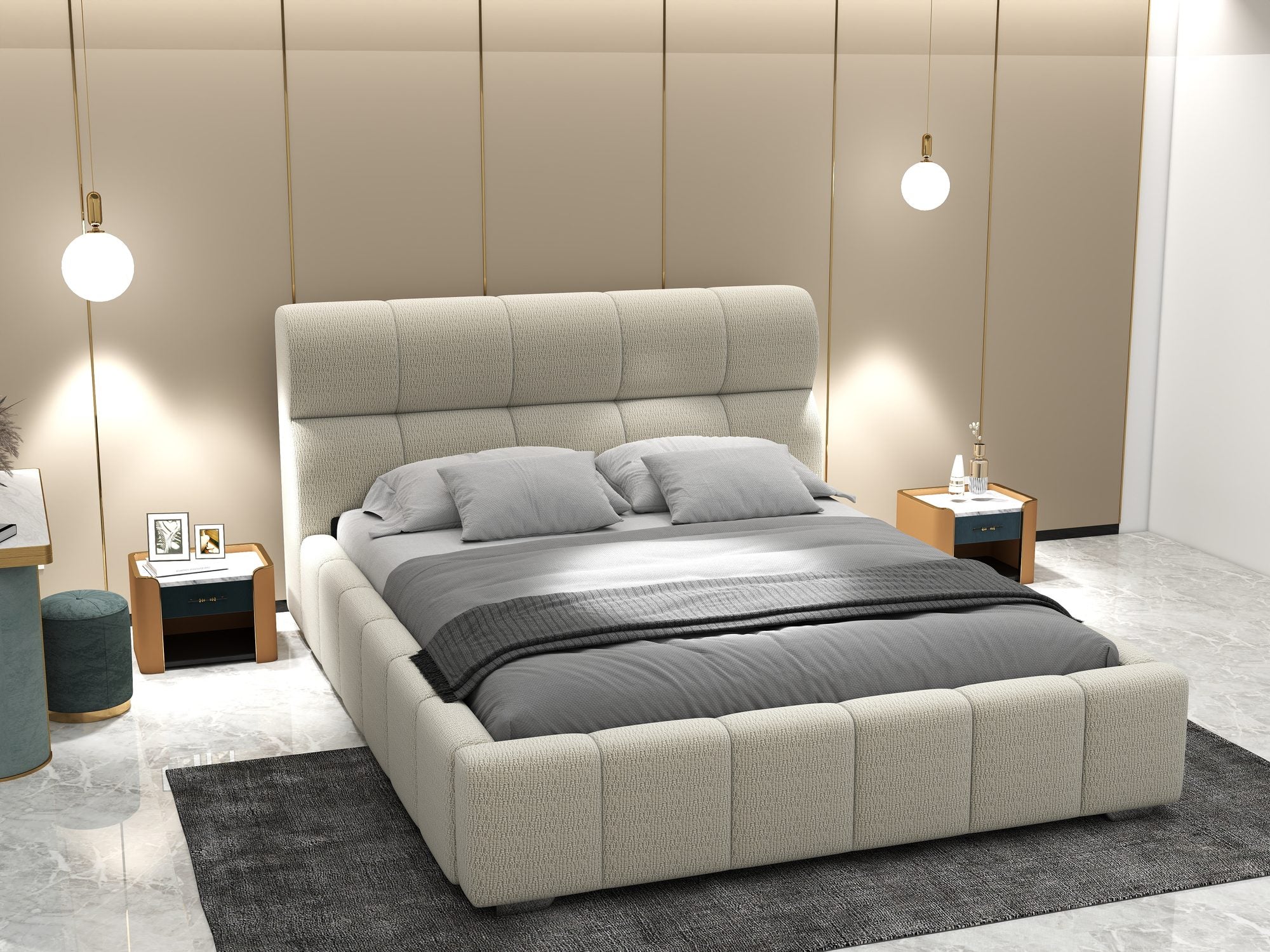 Pat dormitor dumonde, tapitat bej, Elaris 160x200 cm, somiera rabatabila inclusa, spatiu depozitare