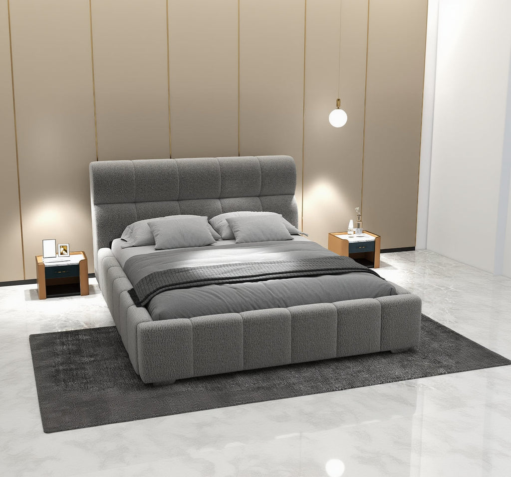 Pat dormitor dumonde, tapitat gri, Elaris 160x200 cm, somiera rabatabila inclusa, spatiu depozitare