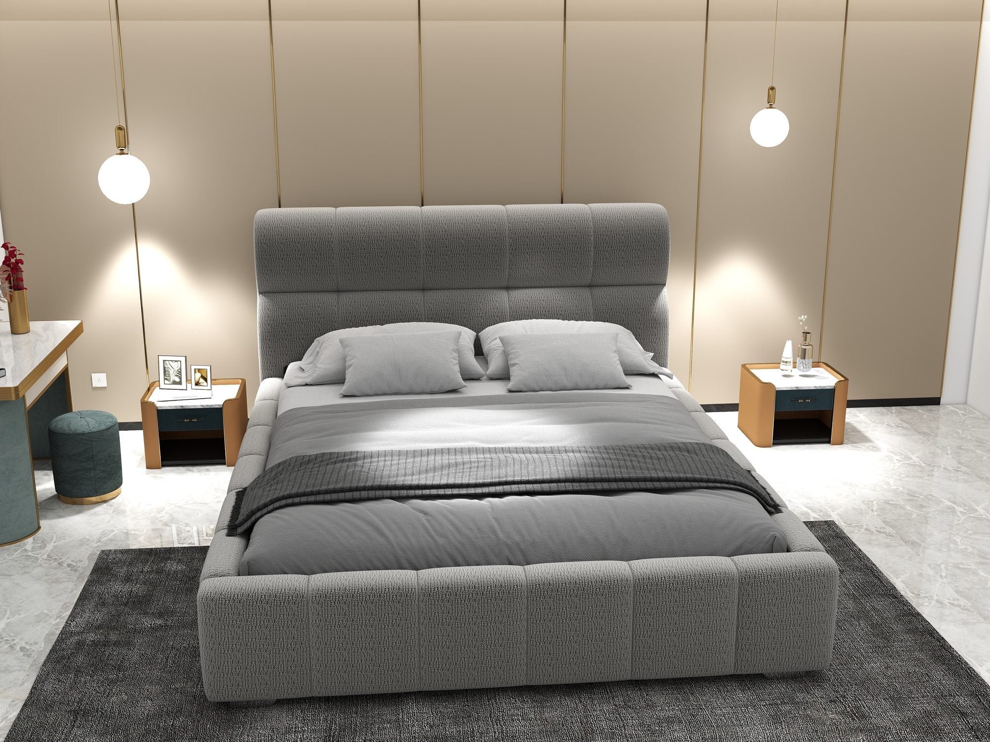 Pat dormitor dumonde, tapitat gri, Elaris 160x200 cm, somiera rabatabila inclusa, spatiu depozitare