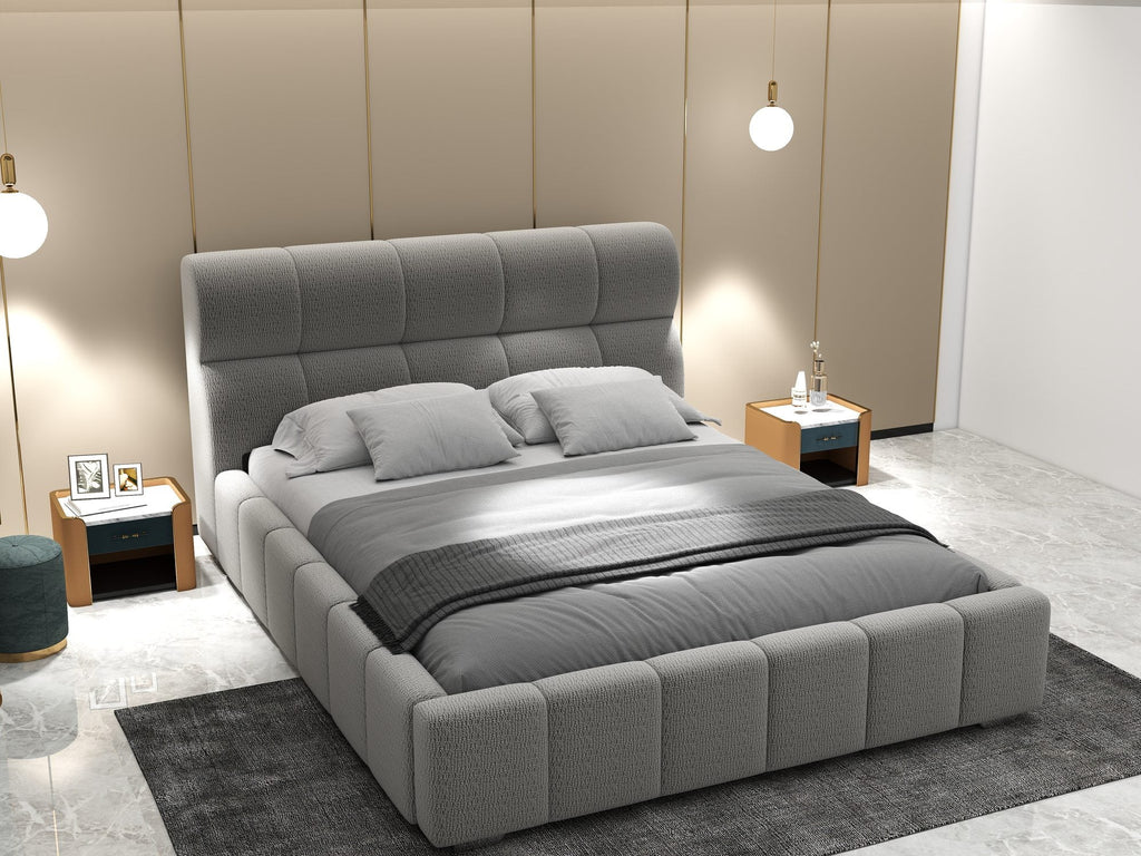 Pat dormitor dumonde, tapitat gri, Elaris 160x200 cm, somiera rabatabila inclusa, spatiu depozitare