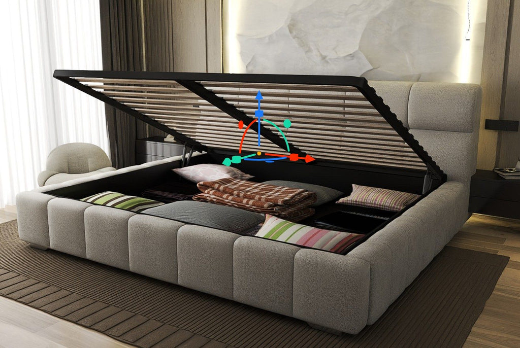 Pat dormitor dumonde, tapitat bej, Elaris 160x200 cm, somiera rabatabila inclusa, spatiu depozitare