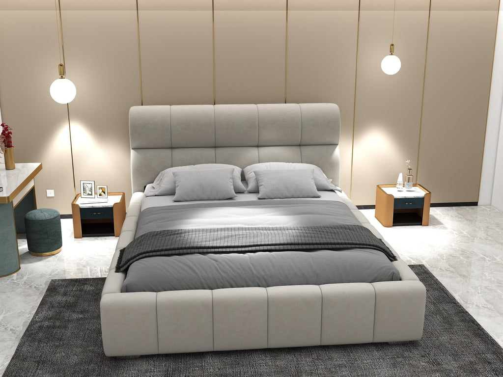 Pat dormitor dumonde, tapitat bej, Elaris 160x200 cm, somiera rabatabila inclusa, spatiu depozitare
