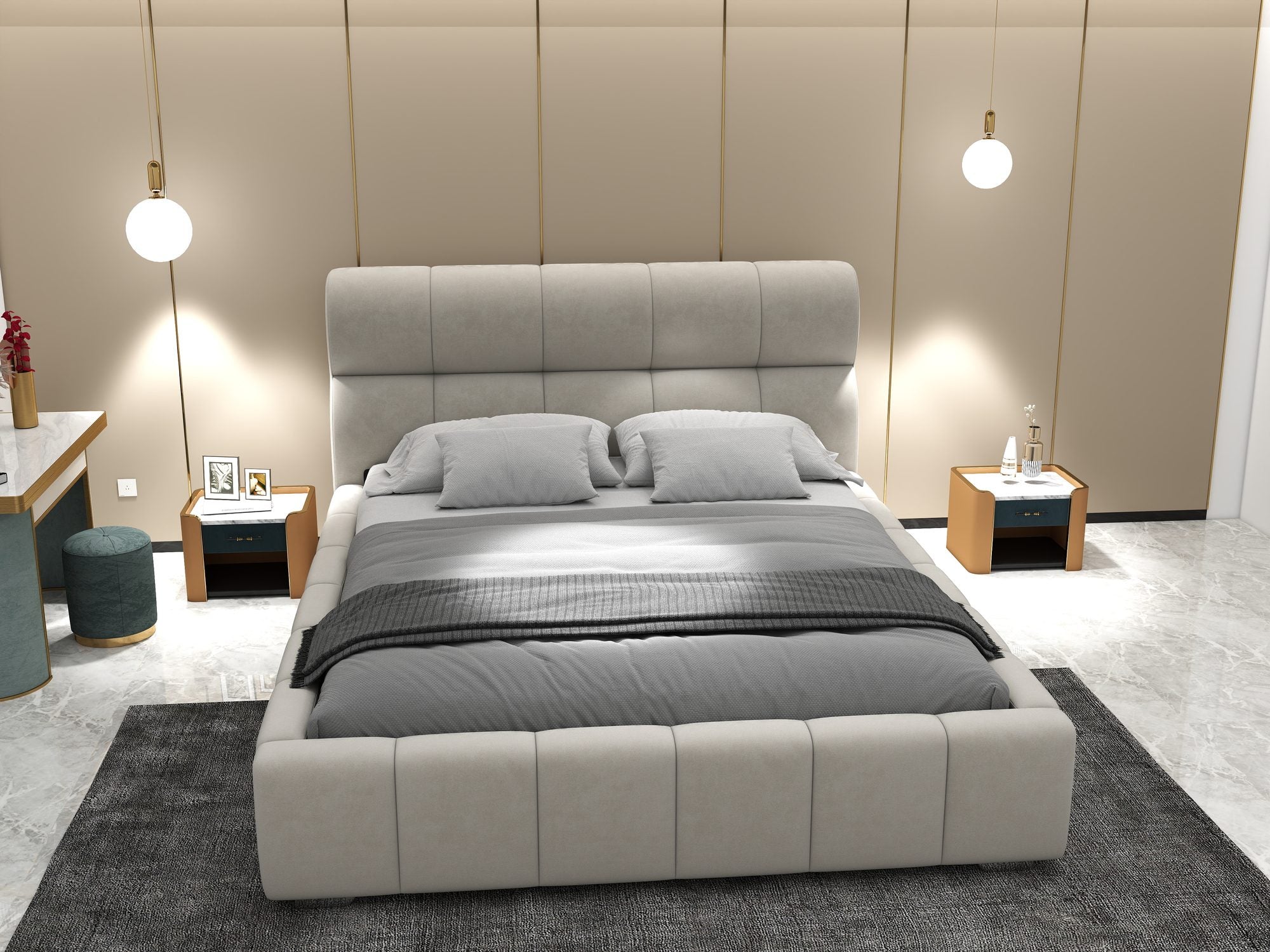 Pat dormitor dumonde, tapitat bej, Elaris 160x200 cm, somiera rabatabila inclusa, spatiu depozitare