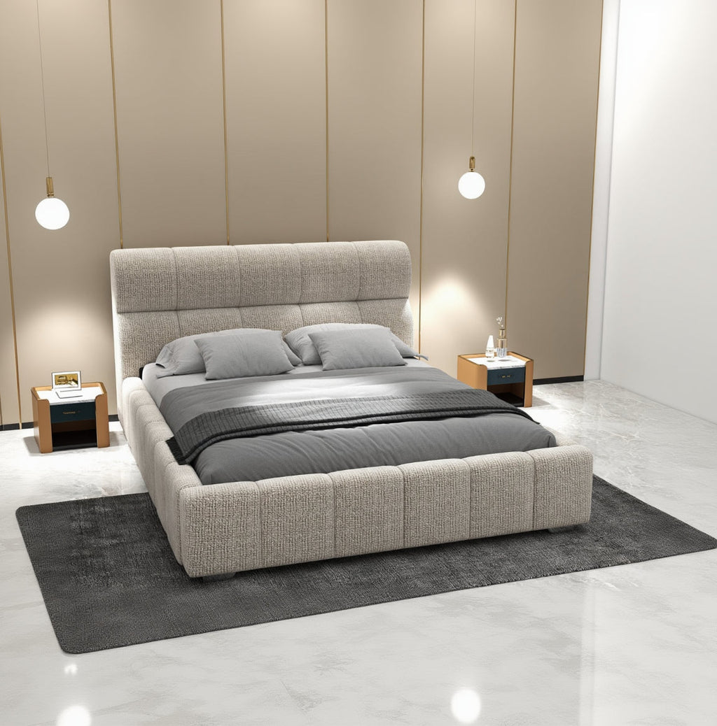 Pat dormitor dumonde, tapitat bej, Elaris 160x200 cm, somiera rabatabila inclusa, spatiu depozitare