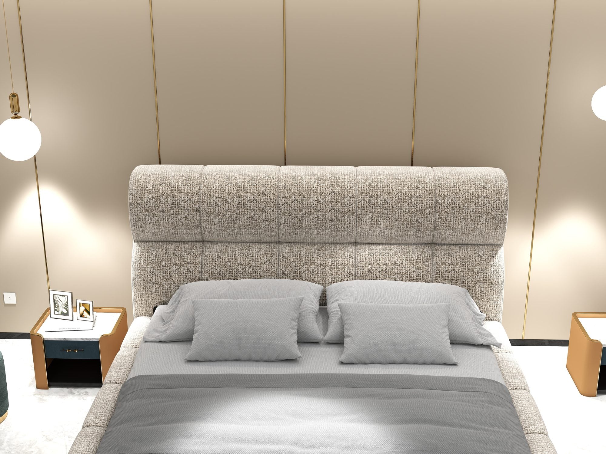 Pat dormitor dumonde, tapitat bej, Elaris 160x200 cm, somiera rabatabila inclusa, spatiu depozitare