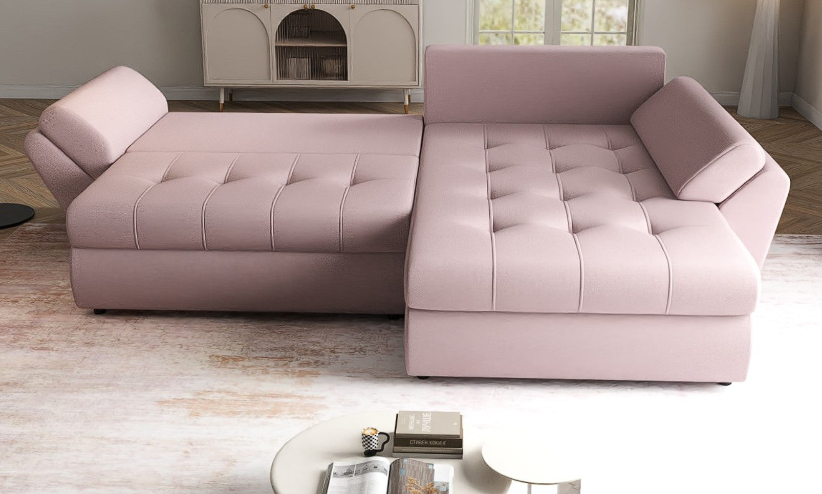Colțar extensibil dumonde cu ladă de depozitare si sezut confortabil din spuma high-density, Loana Enjoy Flamingo II 270x185 cm