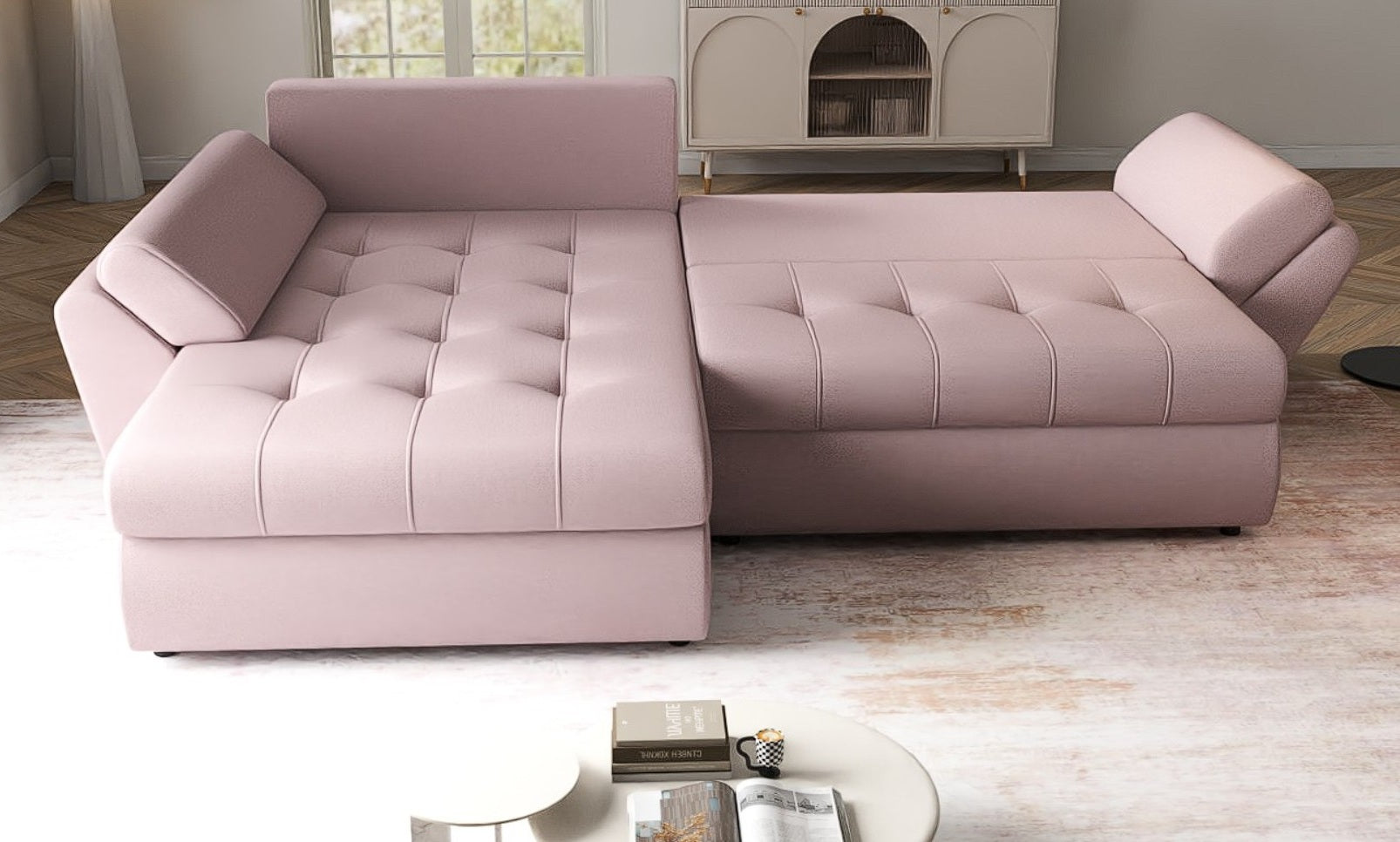 Colțar extensibil dumonde cu ladă de depozitare si sezut confortabil din spuma high-density, Loana Enjoy Flamingo 270x185 cm