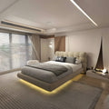 Pat dormitor dumonde, tapitat bej cu LED, "floating bed" Cloud 160x200 cm, somiera inclusa