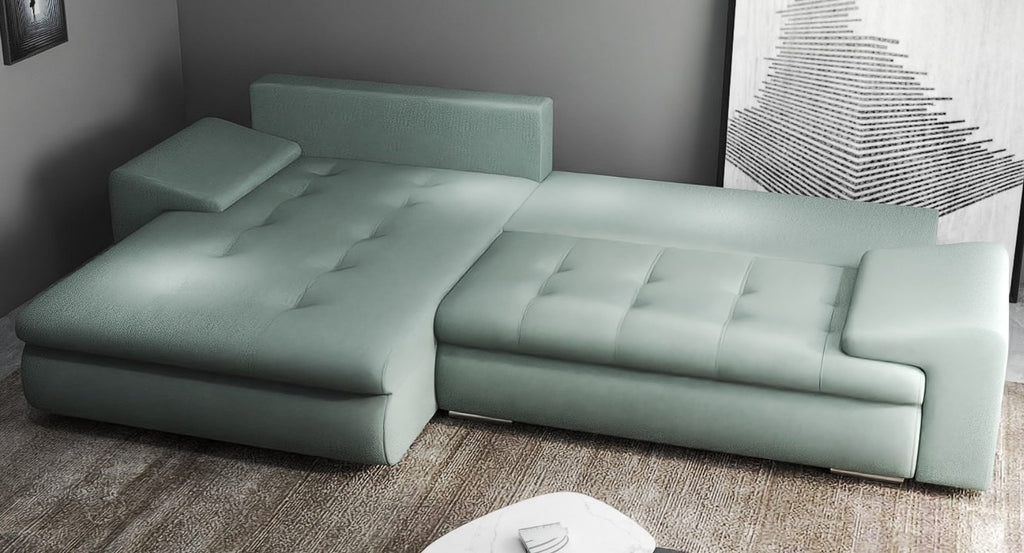 Colțar extensibil dumonde cu ladă de depozitare si sezut confortabil din spuma high-density, Leonardo Enjoy Mint 260x185 cm