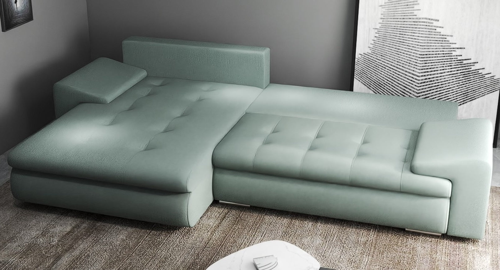Colțar extensibil dumonde cu ladă de depozitare si sezut confortabil din spuma high-density, Leonardo Enjoy Mint 260x185 cm