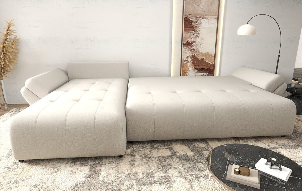 Colțar extensibil dumonde cu ladă de depozitare si sezut confortabil din spuma high-density, Berlin XL Enjoy Beige 350x185 cm