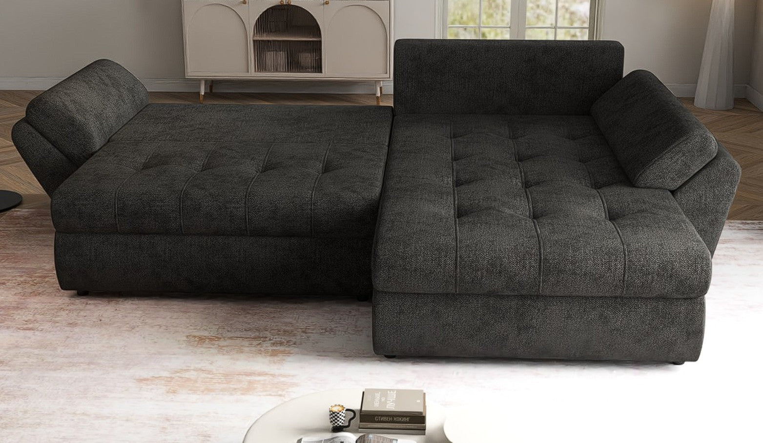 Colțar extensibil dumonde cu ladă de depozitare si sezut confortabil din spuma high-density, Loana Enjoy Black 270x185 cm
