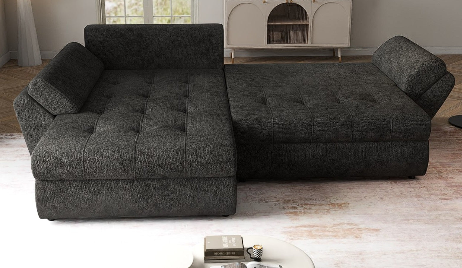 Colțar extensibil dumonde cu ladă de depozitare si sezut confortabil din spuma high-density, Loana Enjoy Black II 270x185 cm