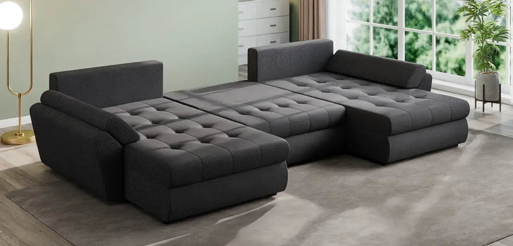 Colțar extensibil dumonde cu ladă de depozitare si sezut confortabil din spuma high-density, Loana U Enjoy Grafit 355x185 cm
