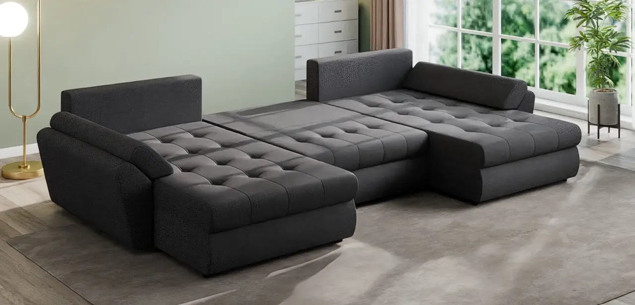 Colțar extensibil dumonde cu ladă de depozitare si sezut confortabil din spuma high-density, Loana U Enjoy Grafit 355x185 cm