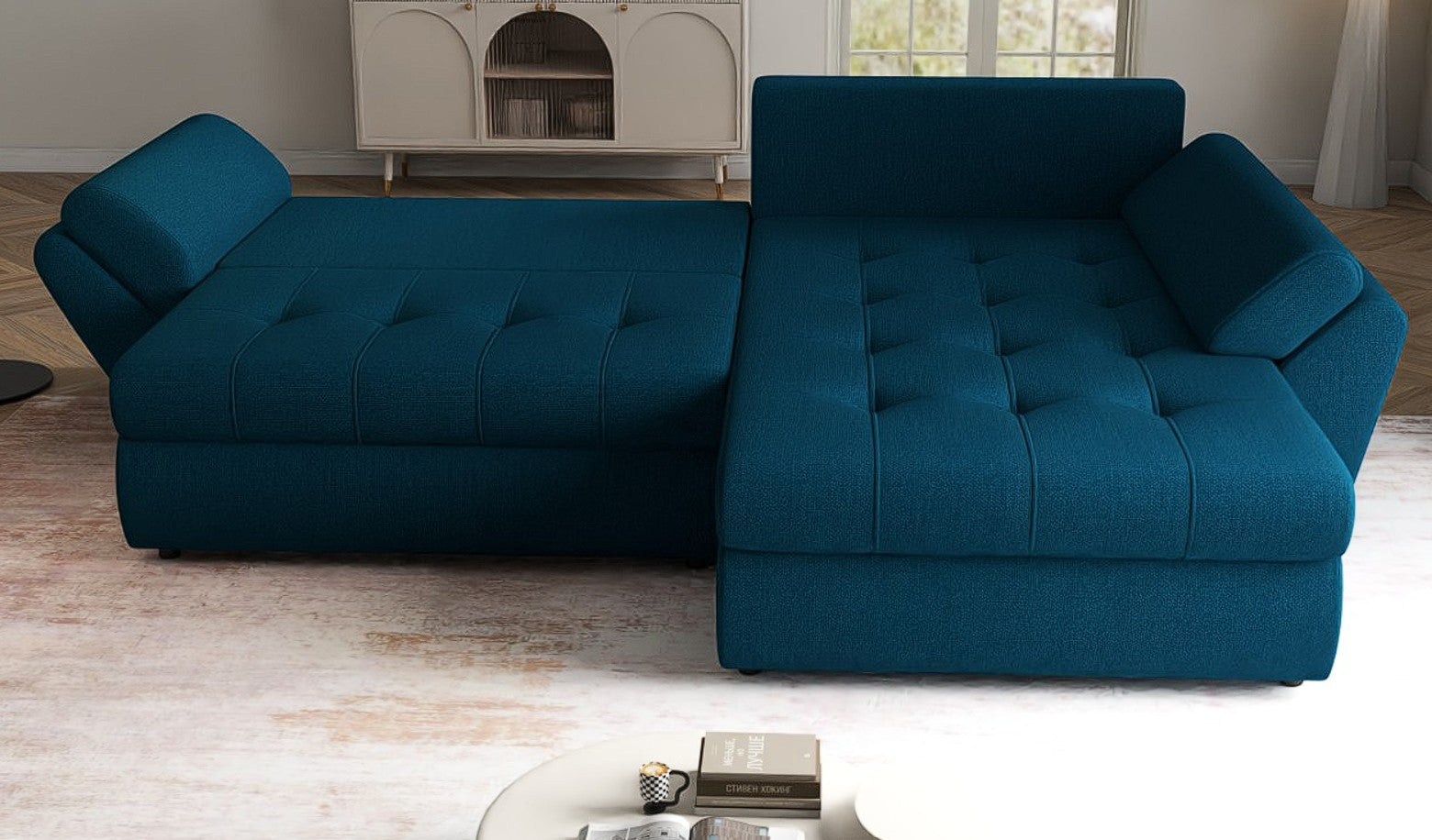 Colțar extensibil dumonde cu ladă de depozitare si sezut confortabil din spuma high-density, Loana Enjoy Petrol II 270x185 cm